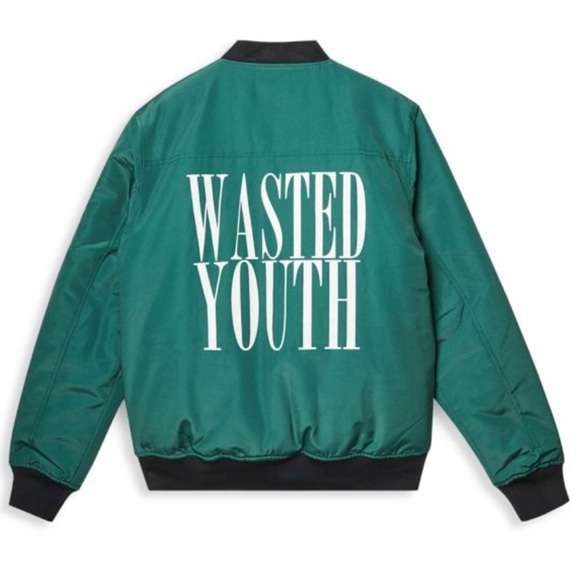 NEW WESC wasted youth logo print bomber jacket in green - Picture 5 of 11